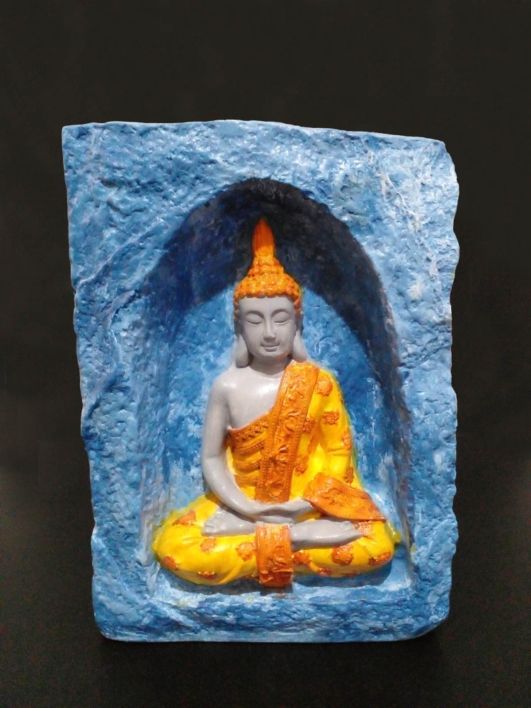 Mavi Renkli Mağara İçinde Oturan Turuncu-Sarı Buda Tealight Mumluk