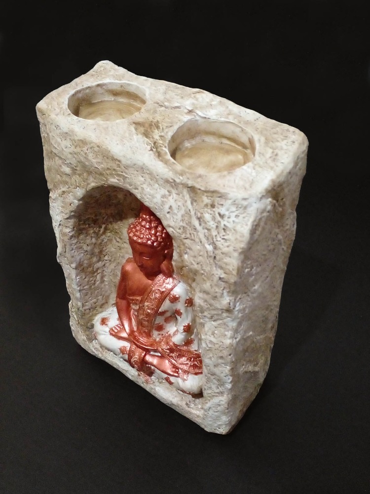 Bej Renkli Mağara İçinde Bakır-Beyaz Buda Tealight Mumluk