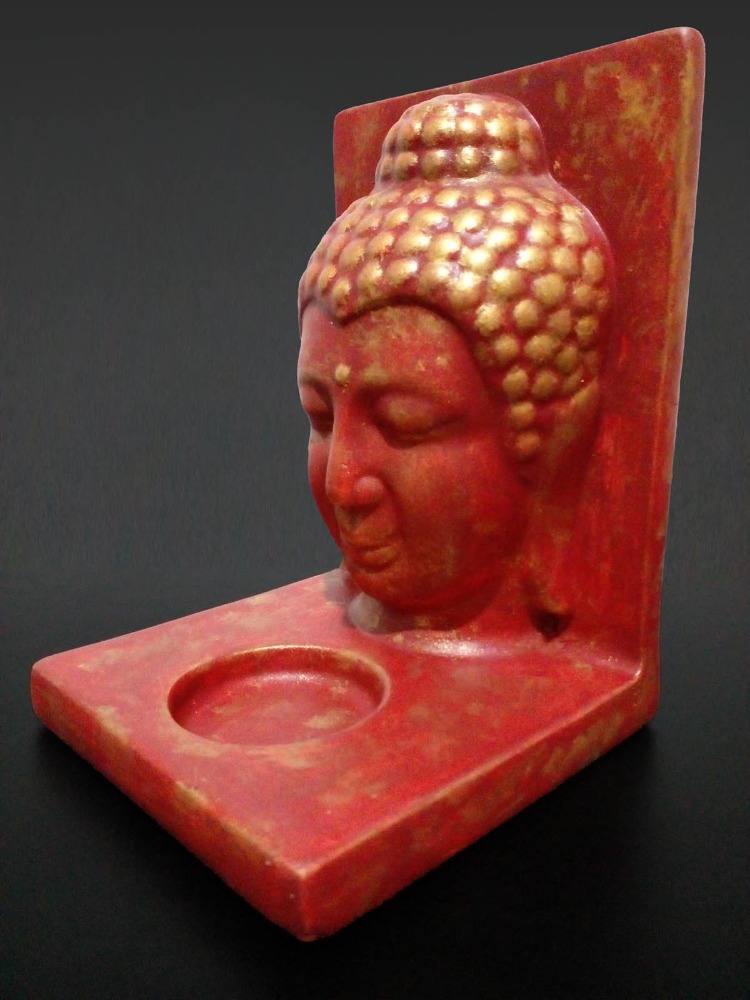 Kiremit Renk Üzerine Altın Eskitme Buda Tealight Mumluk