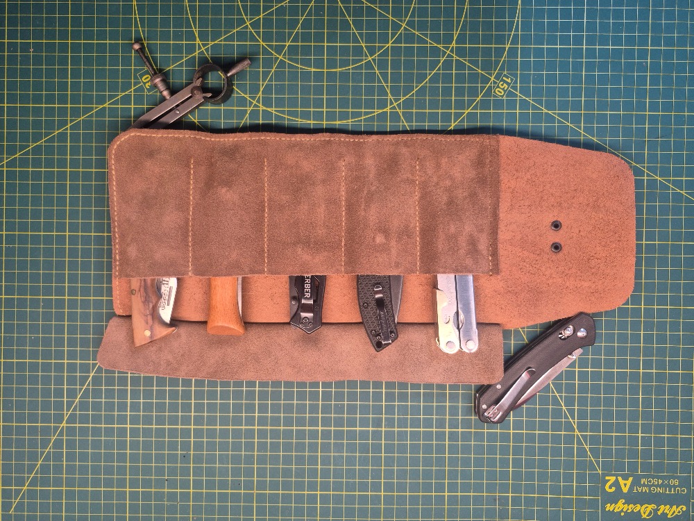 Deri EDC Alet Rulosu – Deri & Süet – 5 Cepli Çakı/Multitool
