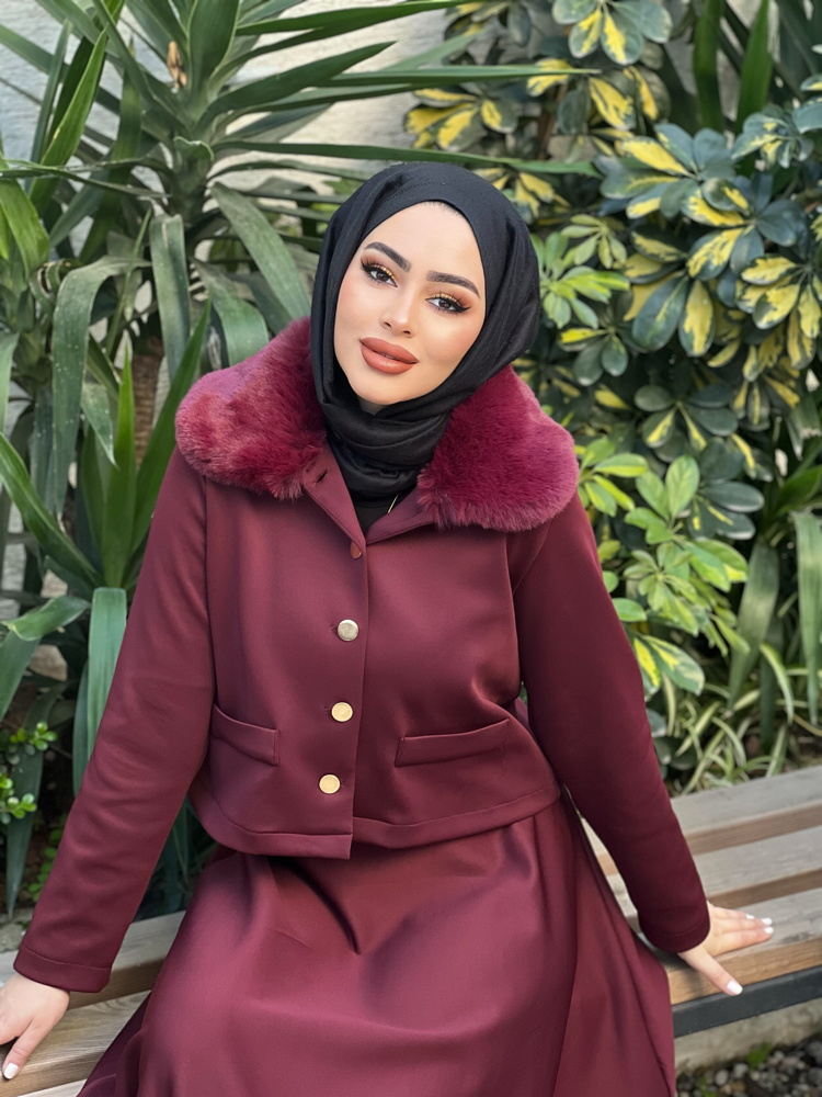 Kürk Yaka Etekli Takım Bordo 