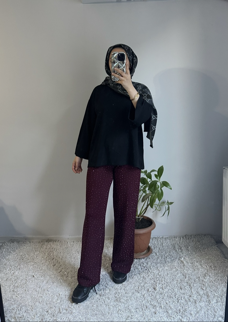 Bordo Oysho Taşlı Pantolon