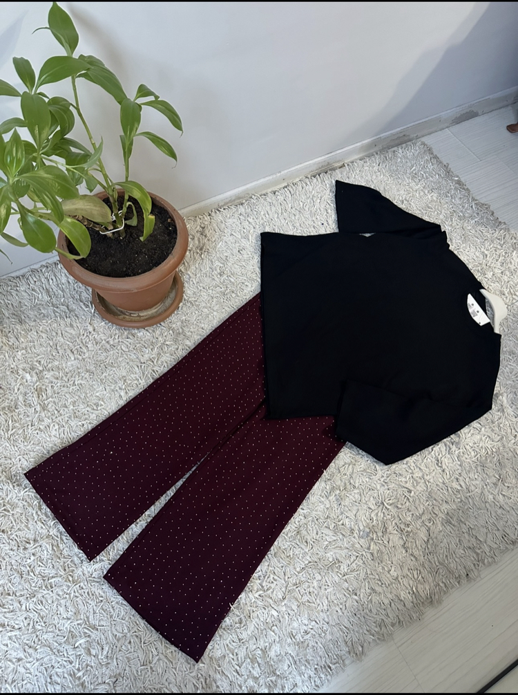 Bordo Oysho Taşlı Pantolon