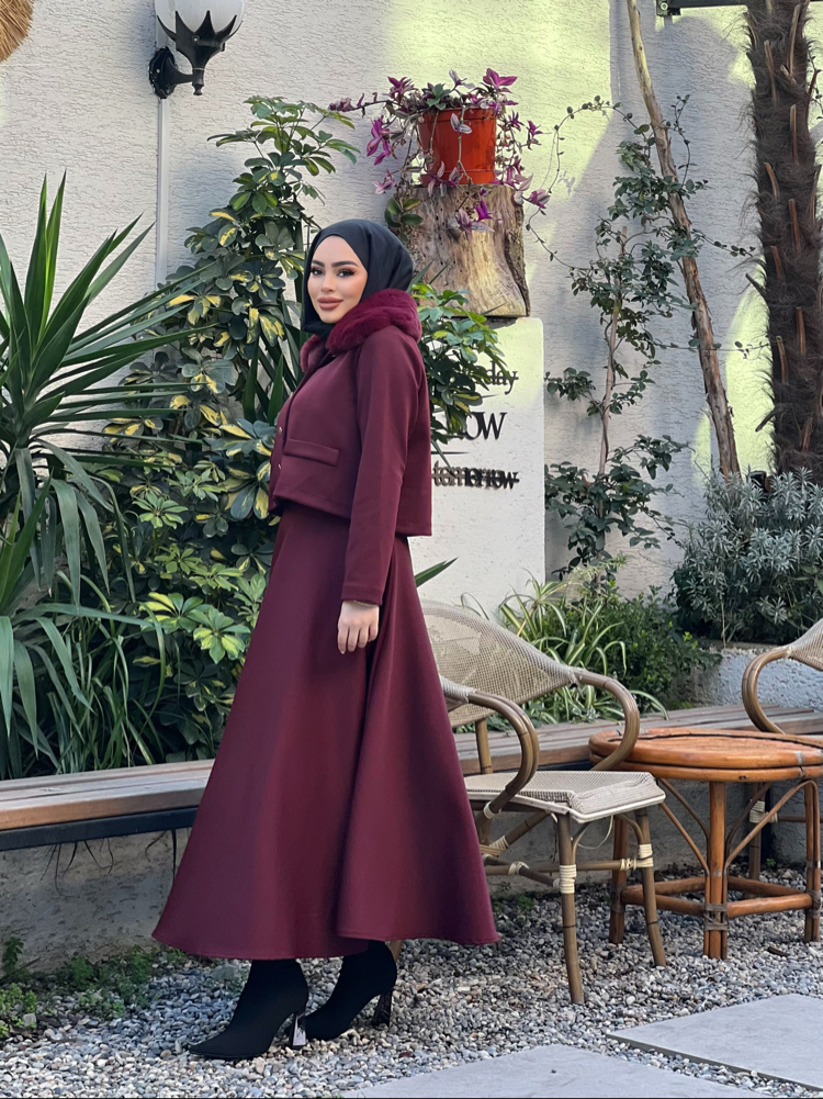 Kürk Yaka Etekli Takım Bordo 