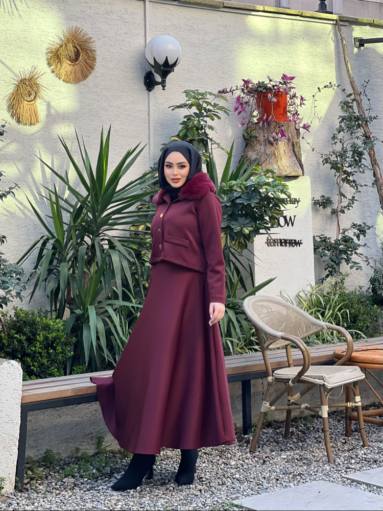 Kürk Yaka Etekli Takım Bordo 