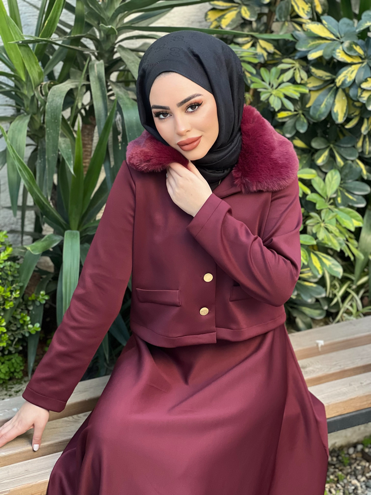 Kürk Yaka Etekli Takım Bordo 