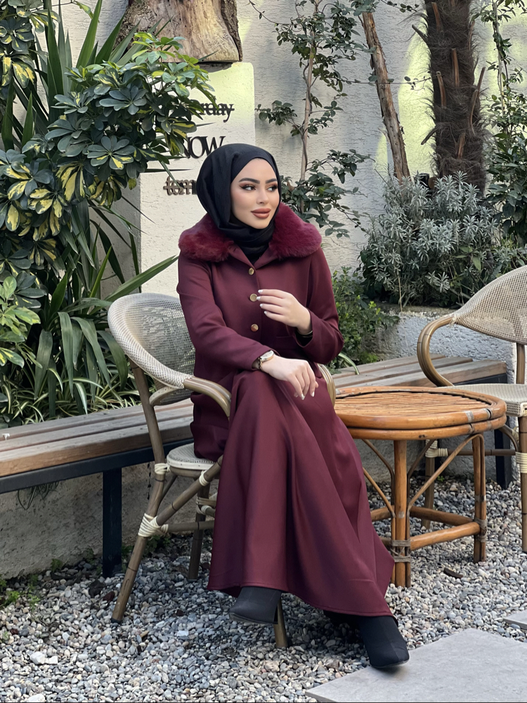 Kürk Yaka Etekli Takım Bordo 