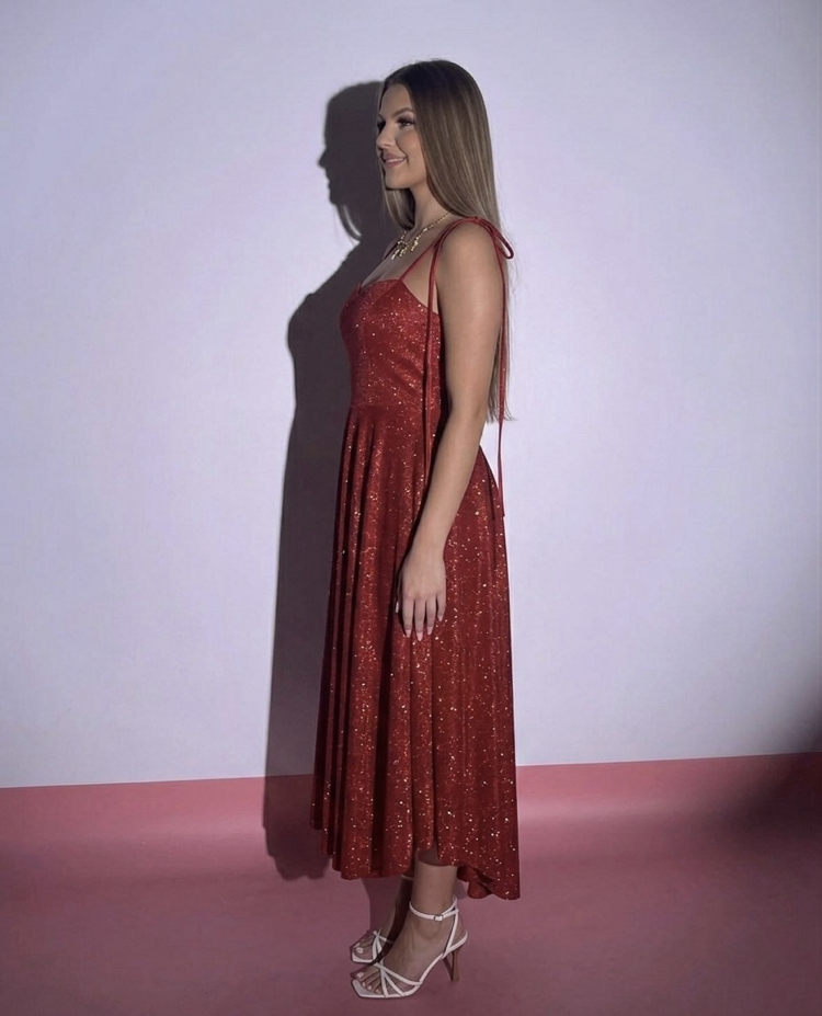 Lolita Kırmızı Simli Midi Elbise