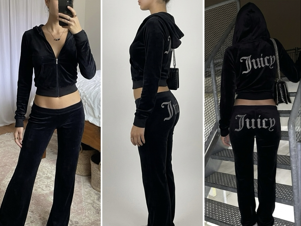 Juicy Taşlı Siyah Kadife Ekstra Düşük Bel Eşofman Takımı