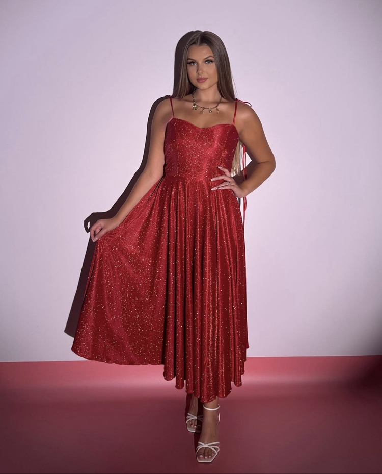 Lolita Kırmızı Simli Midi Elbise