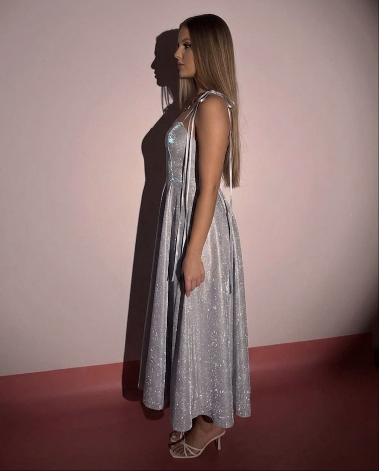 Lolita Gümüş Simli Midi Elbise