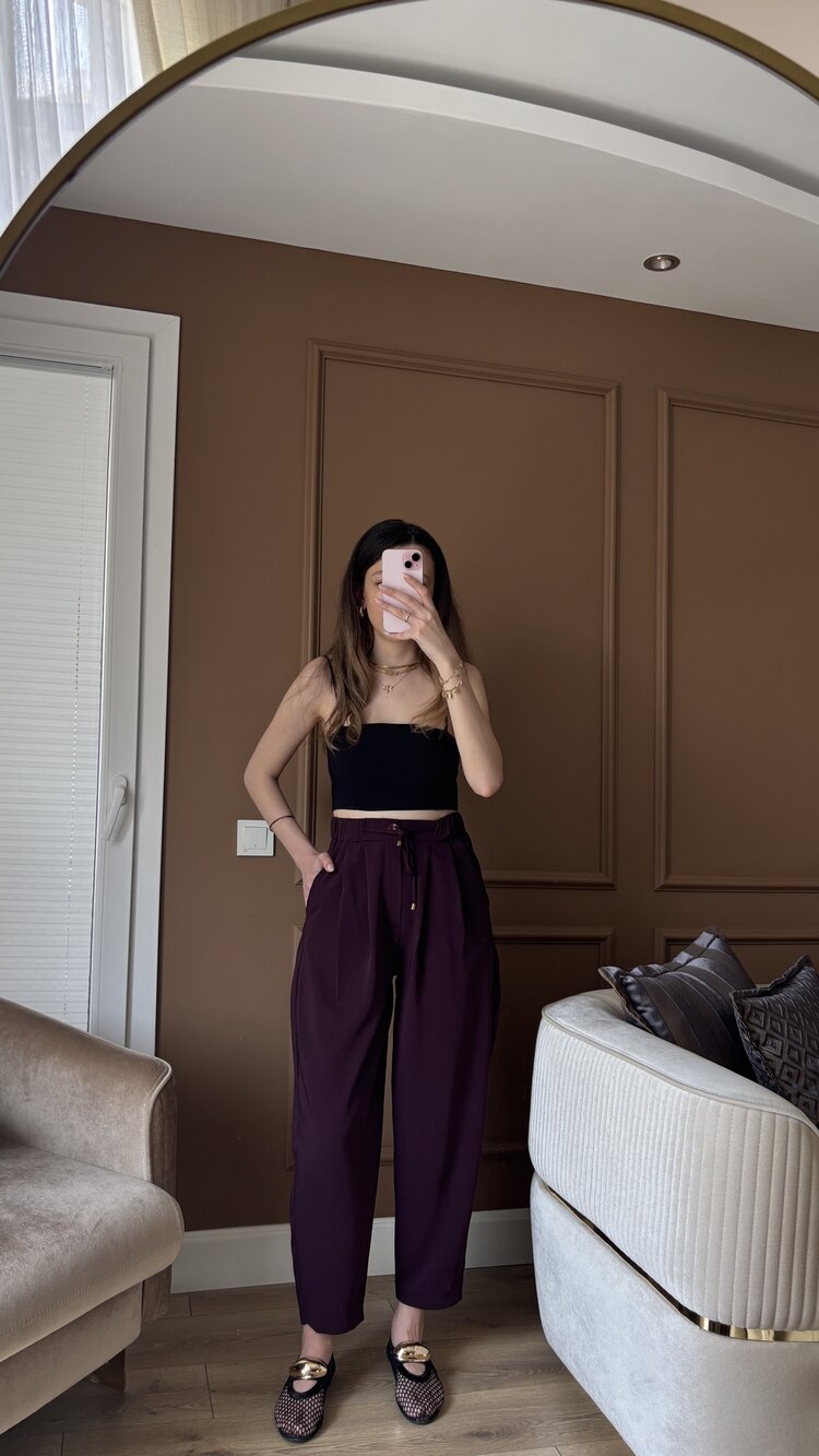 Bordo Şalvar Bağcıklı Pantolon