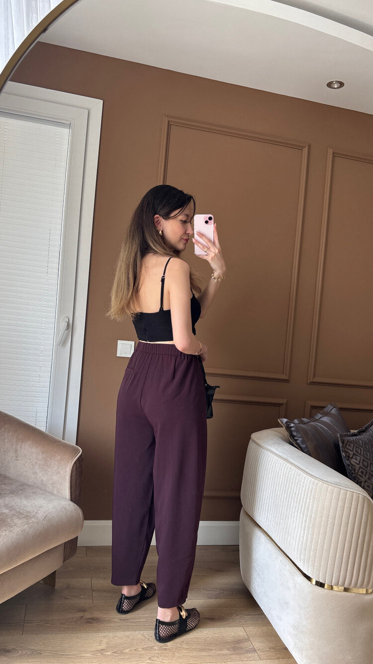 Bordo Şalvar Bağcıklı Pantolon