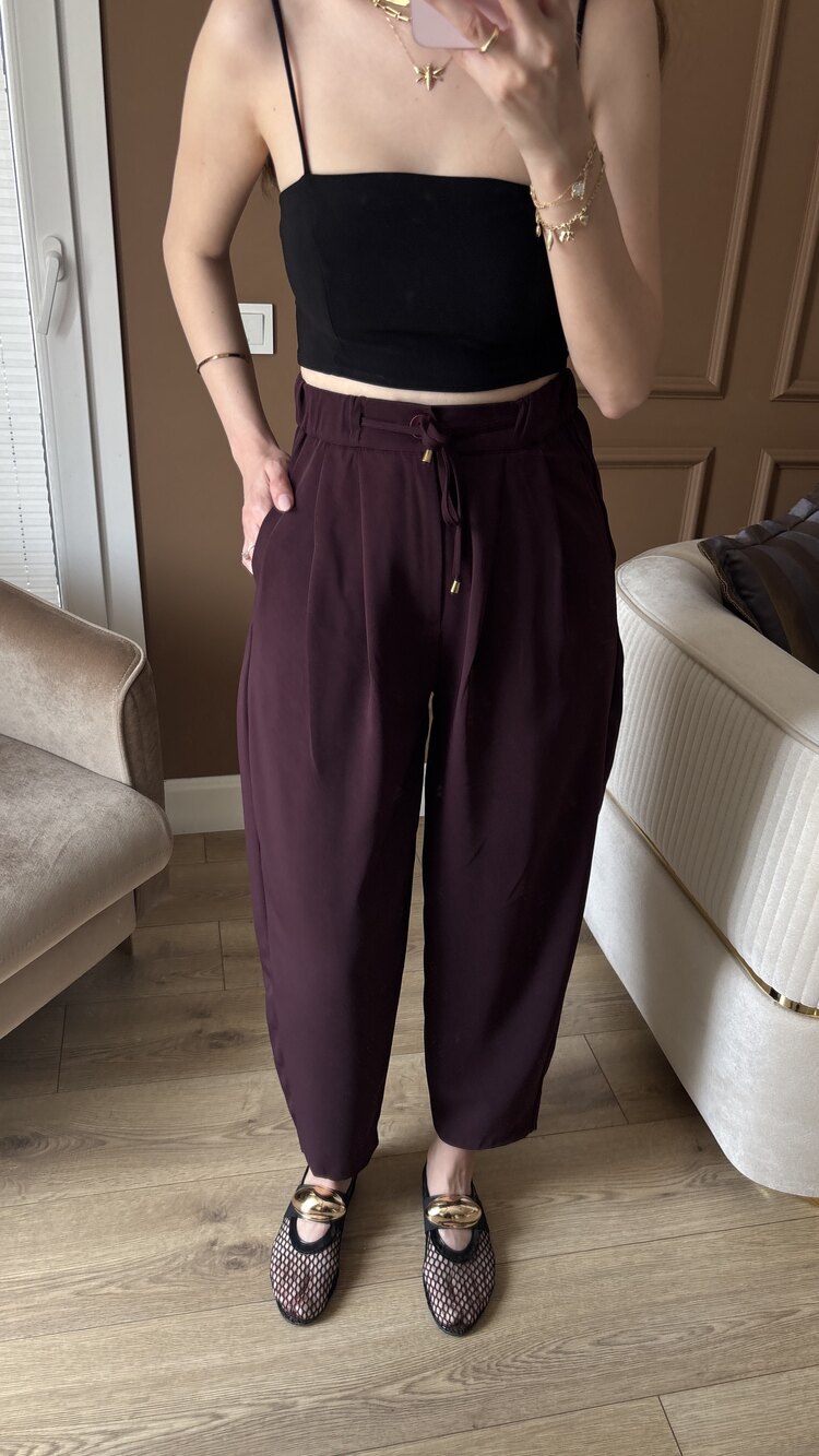 Bordo Şalvar Bağcıklı Pantolon