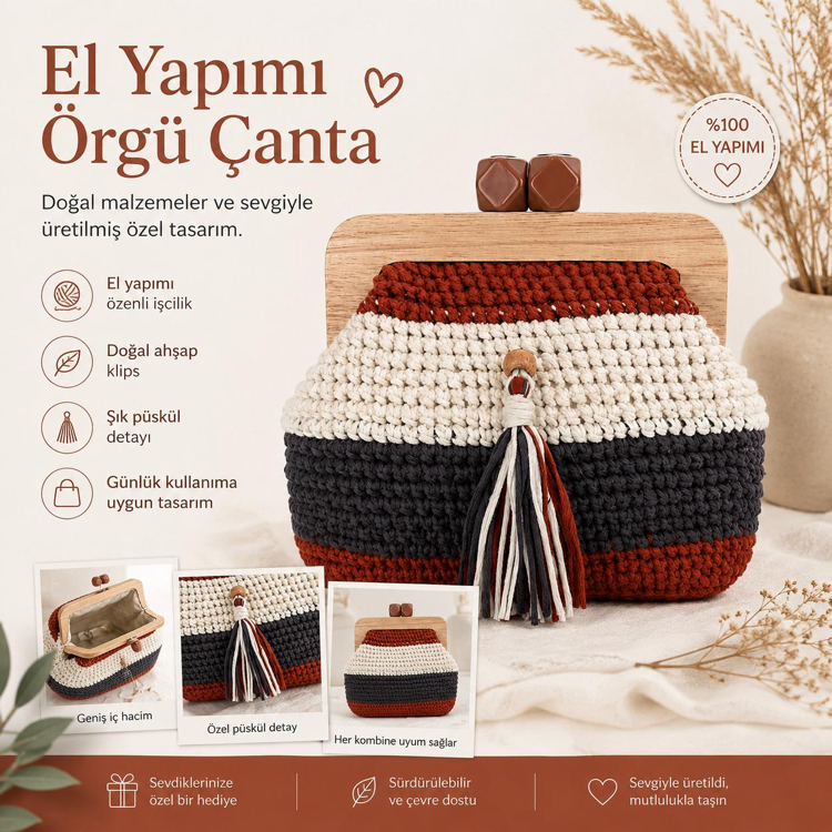 Ahşap Klipsli Örgü Çanta