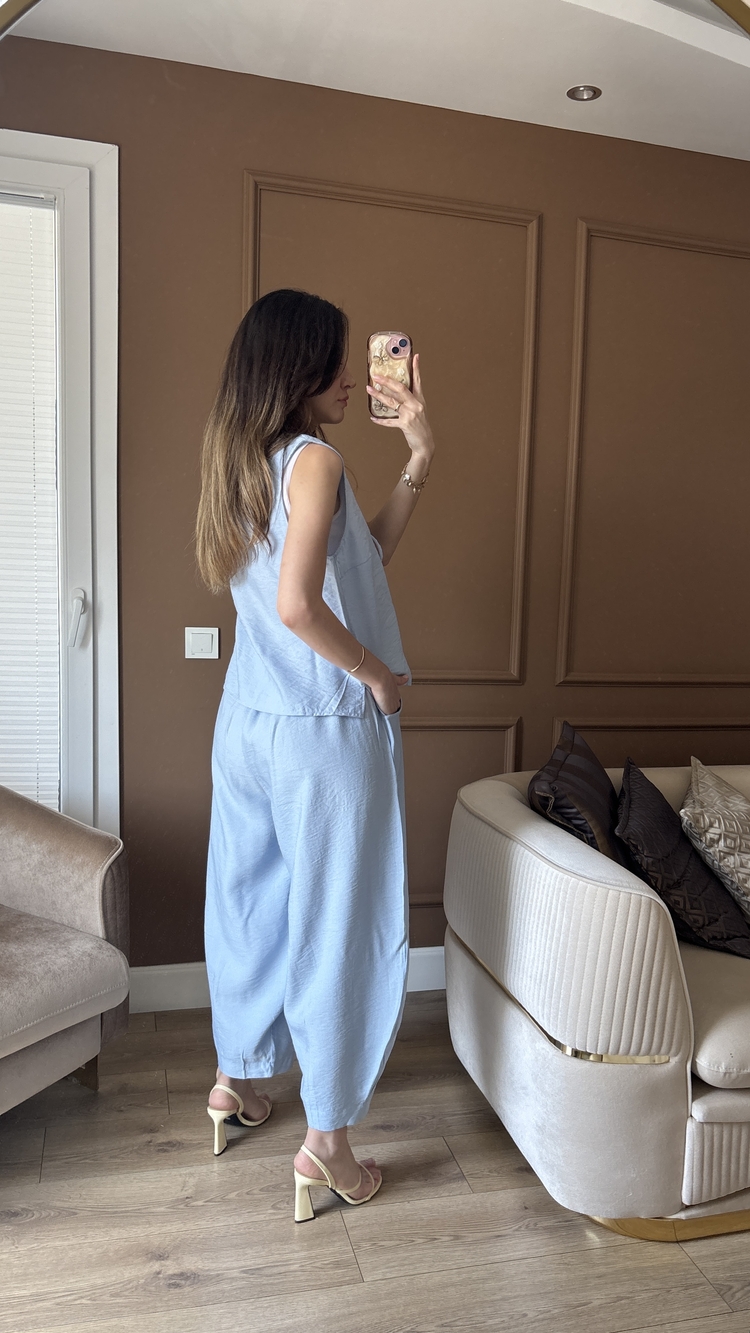 Mavi Keten Bağcıklı Bluz