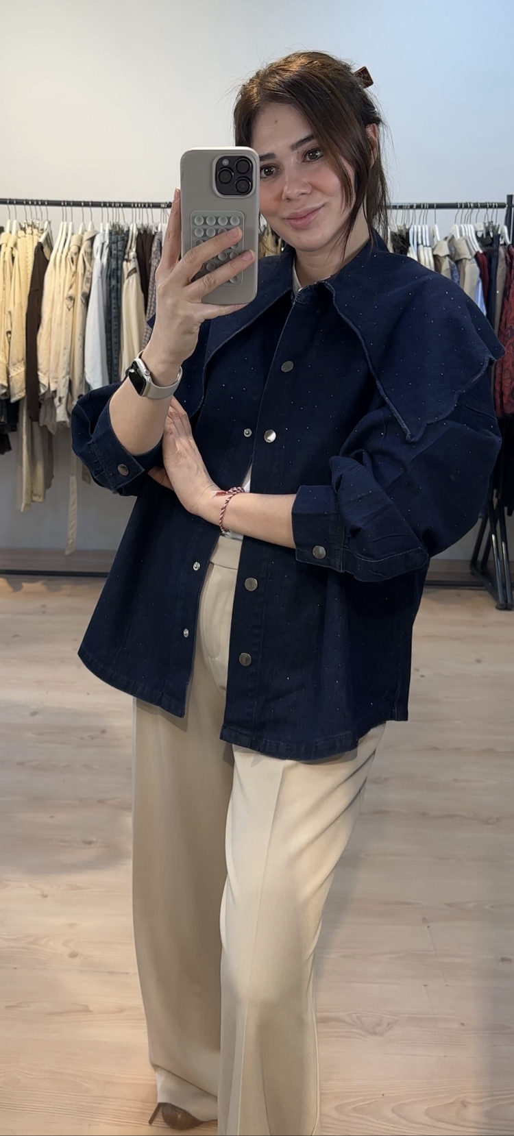 Büyük yaka detaylı Taşlı premium denim gömlek