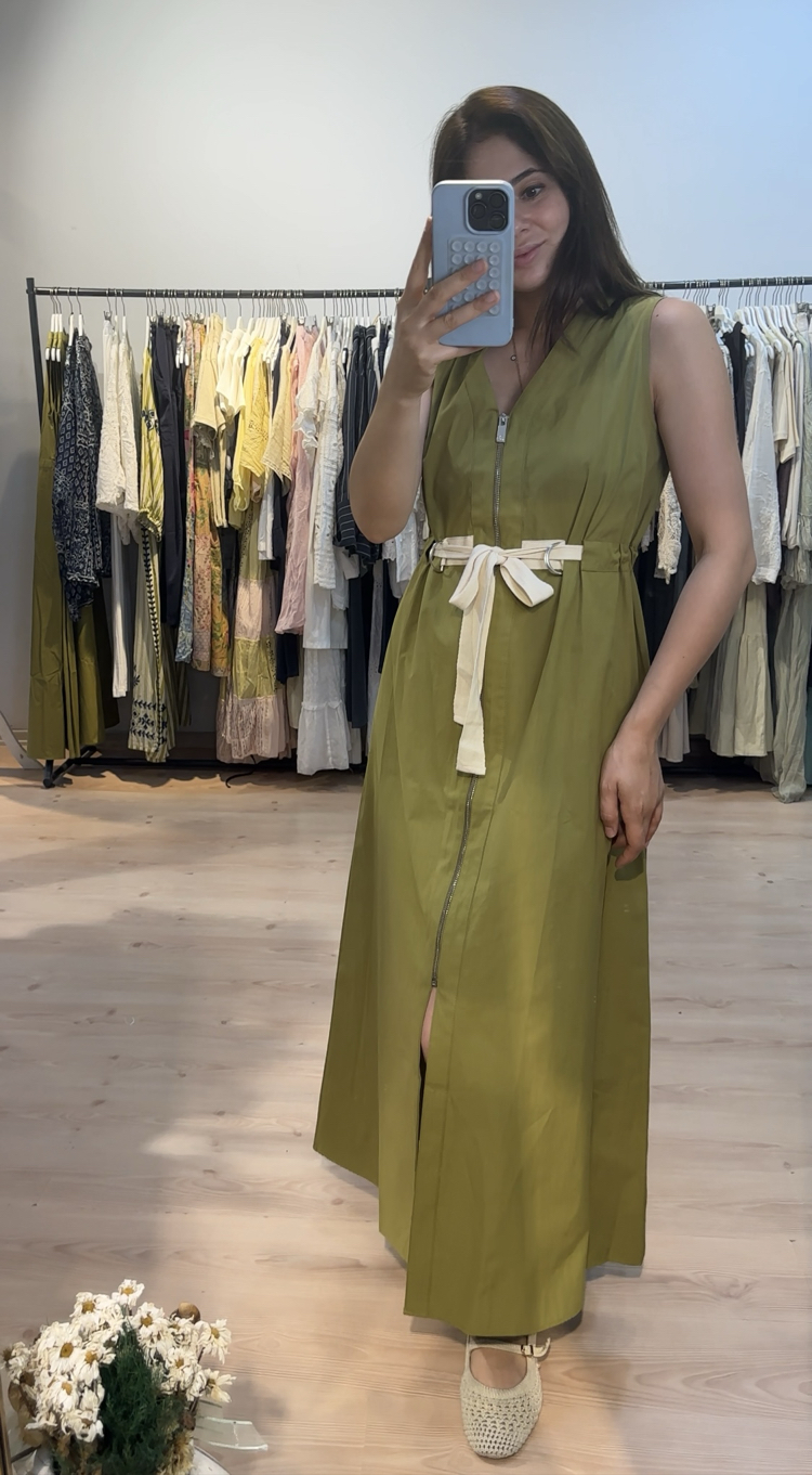 Olive ip büzgülü detaylı elbise