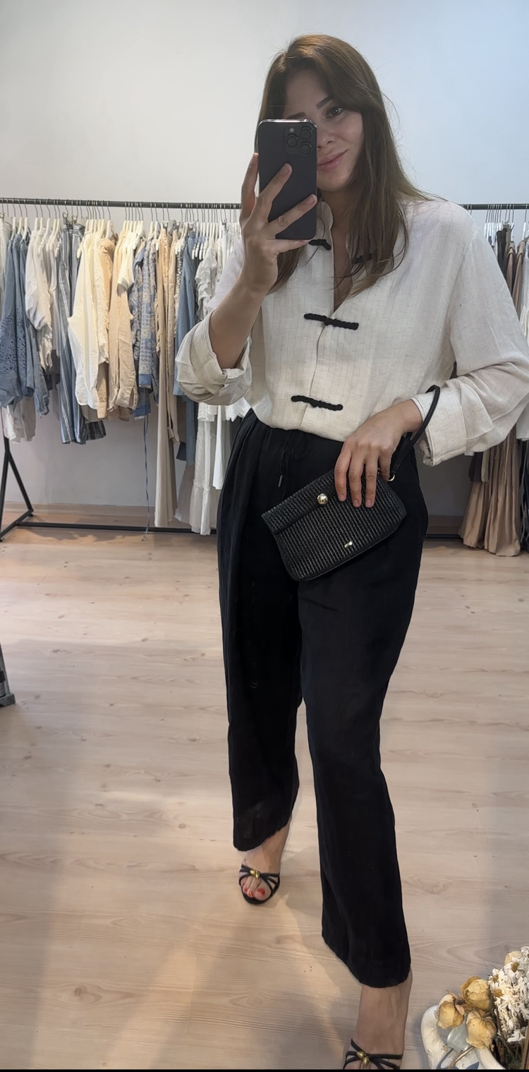 Keten beli lastikli rahat pantolon 
