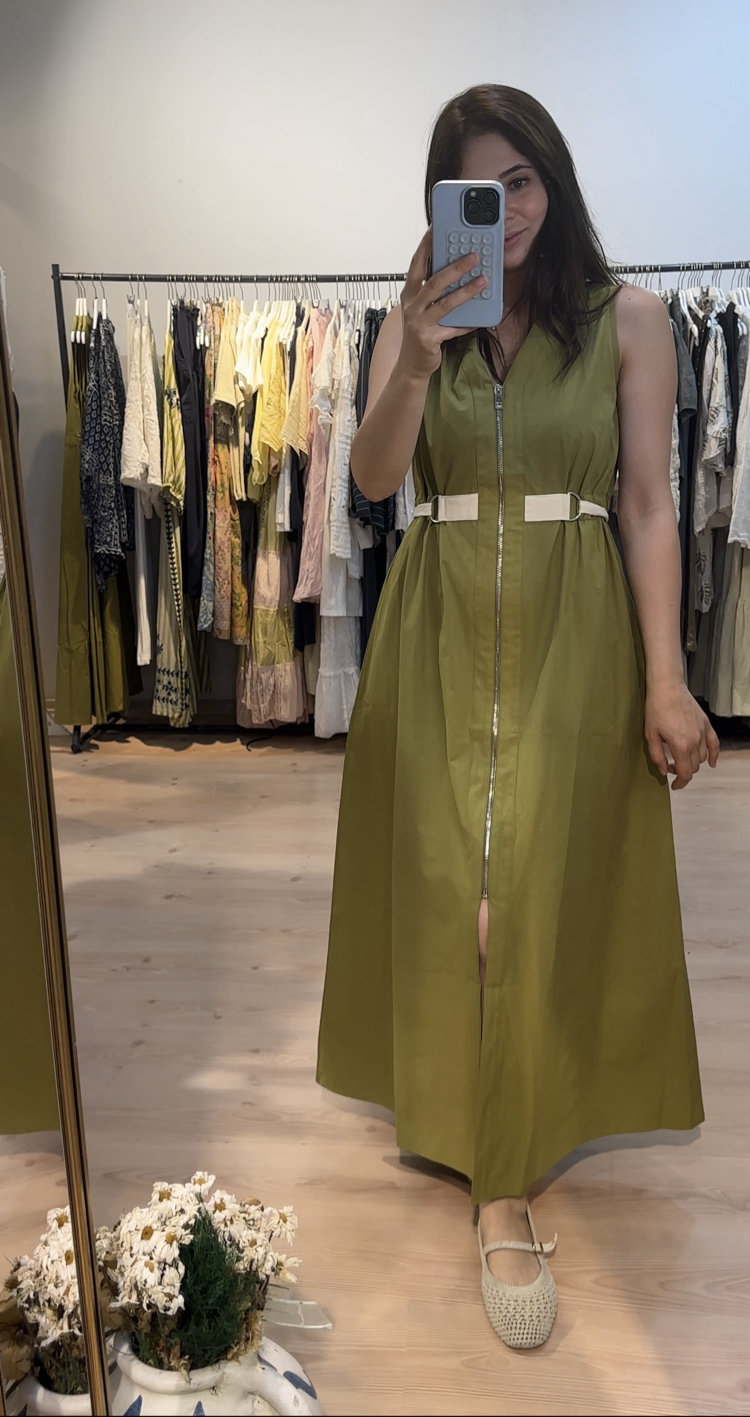 Olive ip büzgülü detaylı elbise