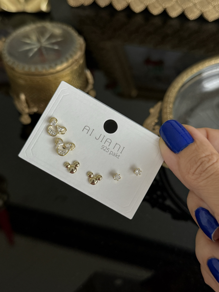 Minnie Mouse taşlı 6’lı gold küpe seti
