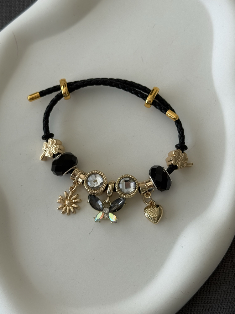 Gold charm siyah deri bileklik
