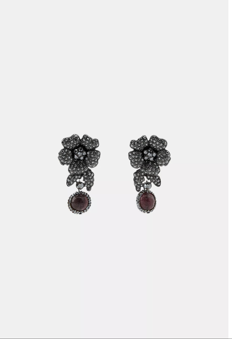 Bordo taşlı antrasit kristal çiçek küpe