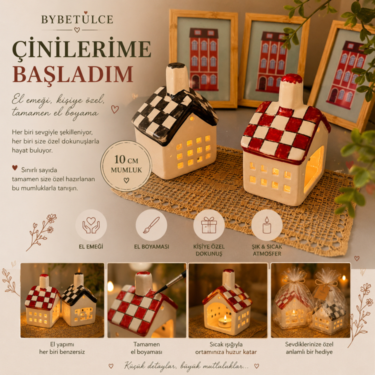 El Boyaması Seramik Ev Mumluk – Kırmızı & Siyah Koleksiyon