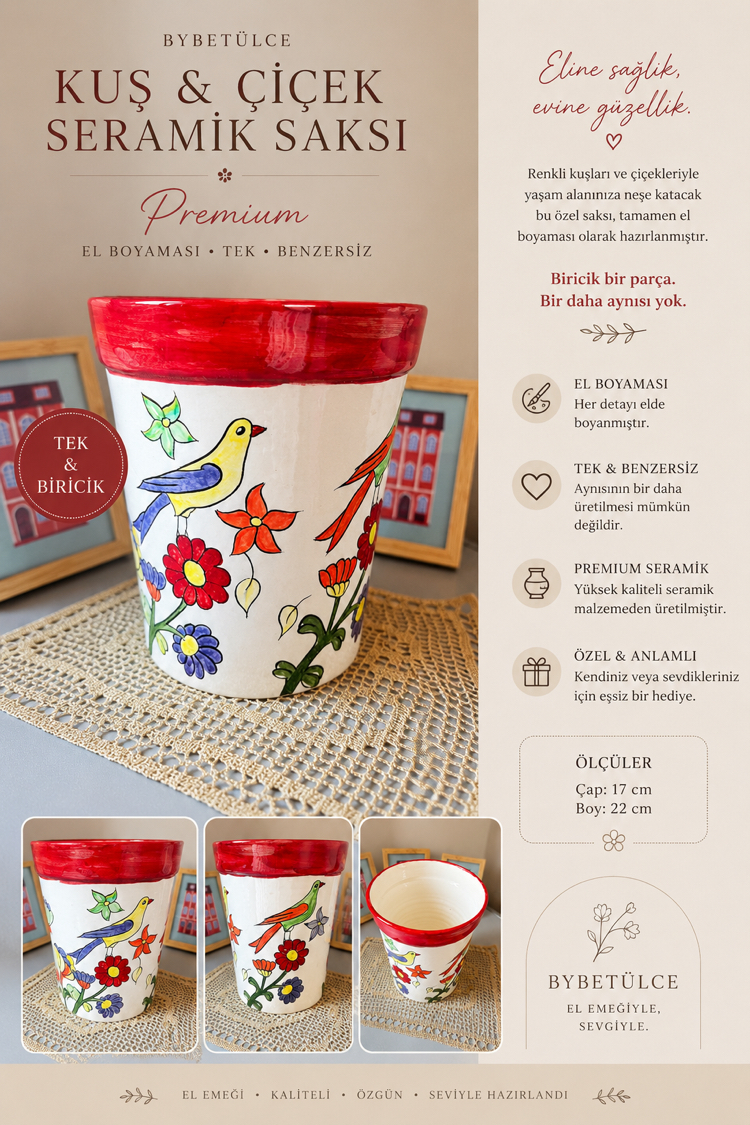 Premium El Boyaması Seramik Saksı – Kuş & Çiçek