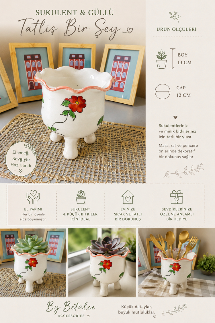 El Boyaması Güllü Seramik Sukulent Saksısı | 13 cm