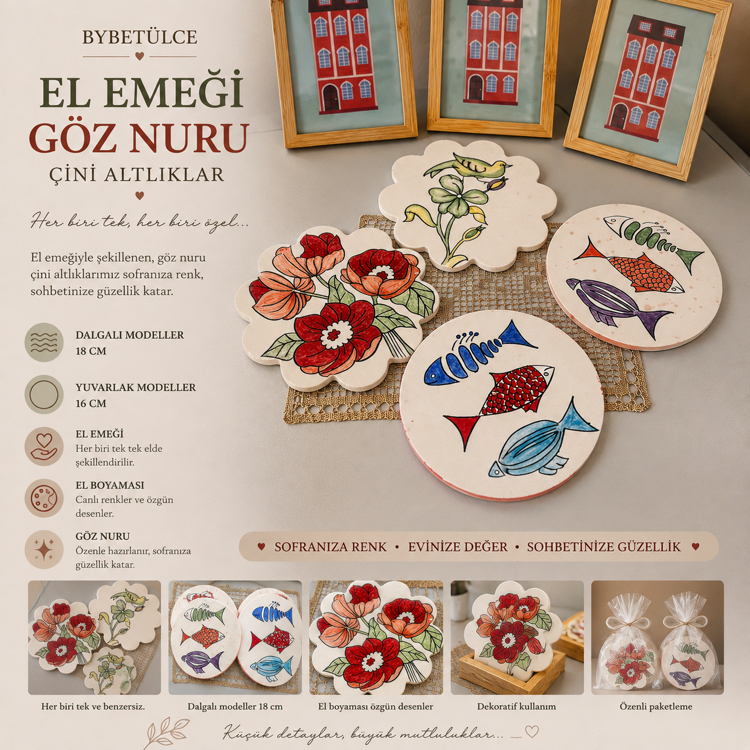 El Boyaması Çini Altlık – El Emeği & Tek Parça | 16–18 cm