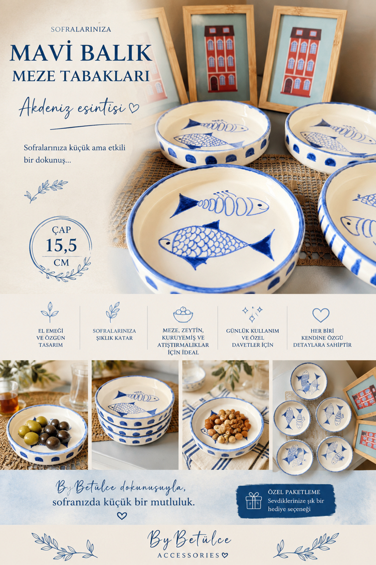 Mavi Balık Desenli Meze Tabakları