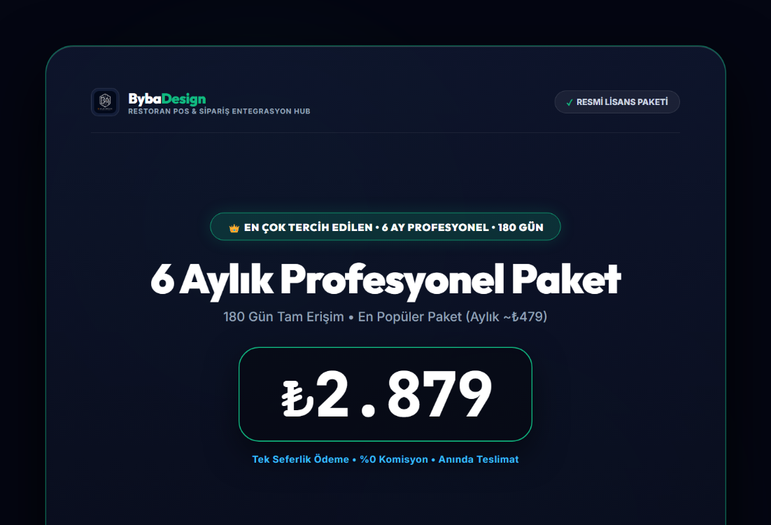 Byba Design Restoran Paneli - 6 Aylık Profesyonel POS Lisansı (En Popüler)