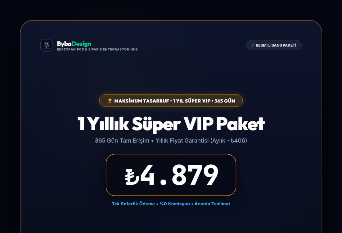 Byba Design Restoran Paneli - 1 Yıllık Süper VIP POS & Entegrasyon Lisansı