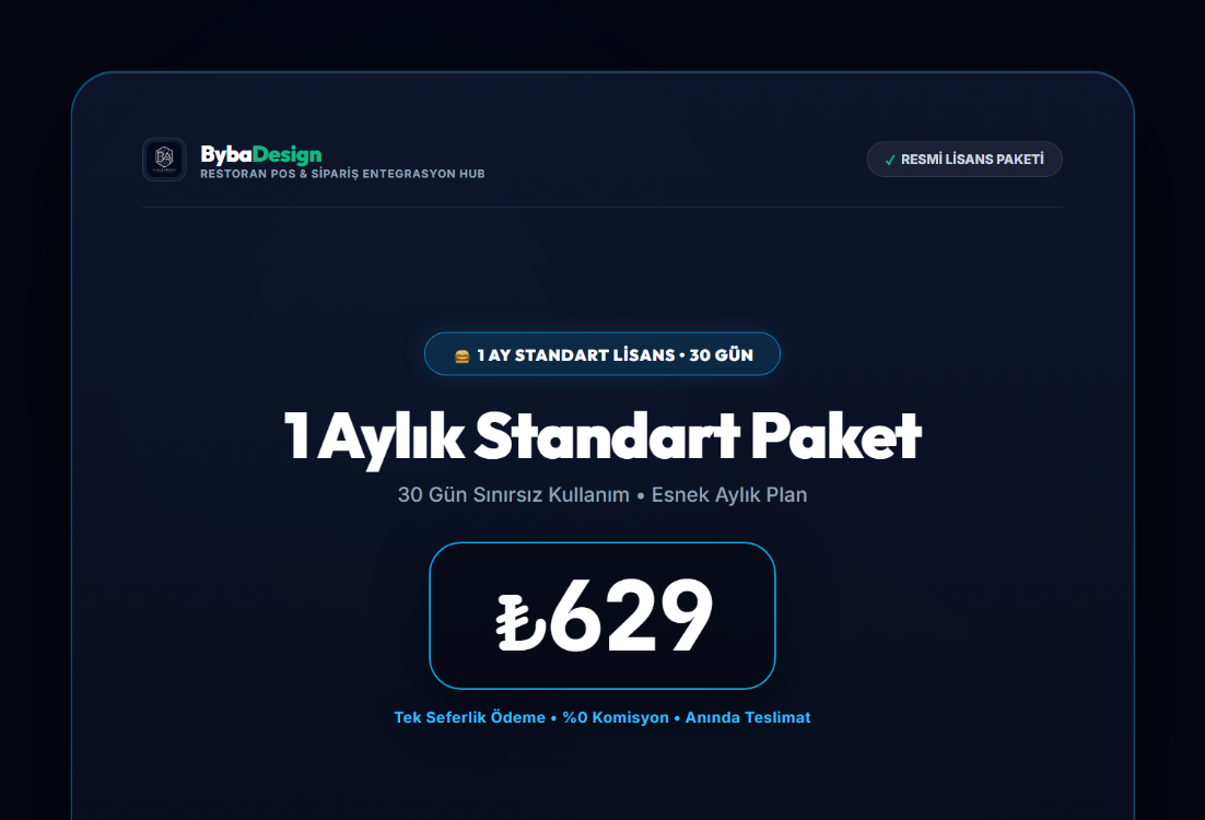 Byba Design Restoran Paneli - 1 Aylık Standart POS & Menü Entegrasyon Lisansı