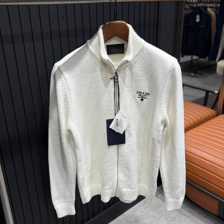 OUTLET ÜRÜNÜ İthal Prada Yüm Kumaş Tam Fermuarlı Triko Polo Yaka (Beyaz-686