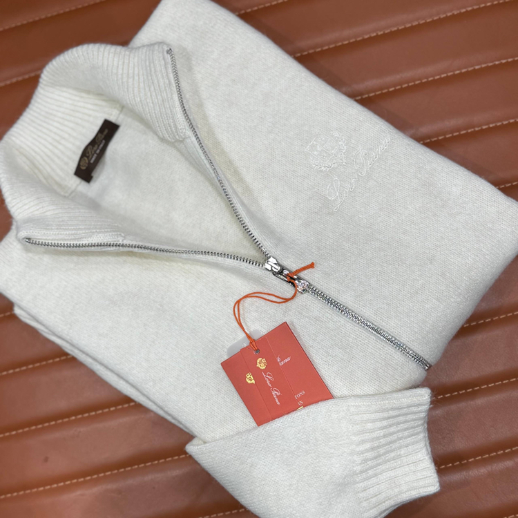 OUTLET ÜRÜNÜ İthal Lora Piana Yüm Kumaş Tam Fermuarlı Triko Polo Yaka (Beyaz-5749
