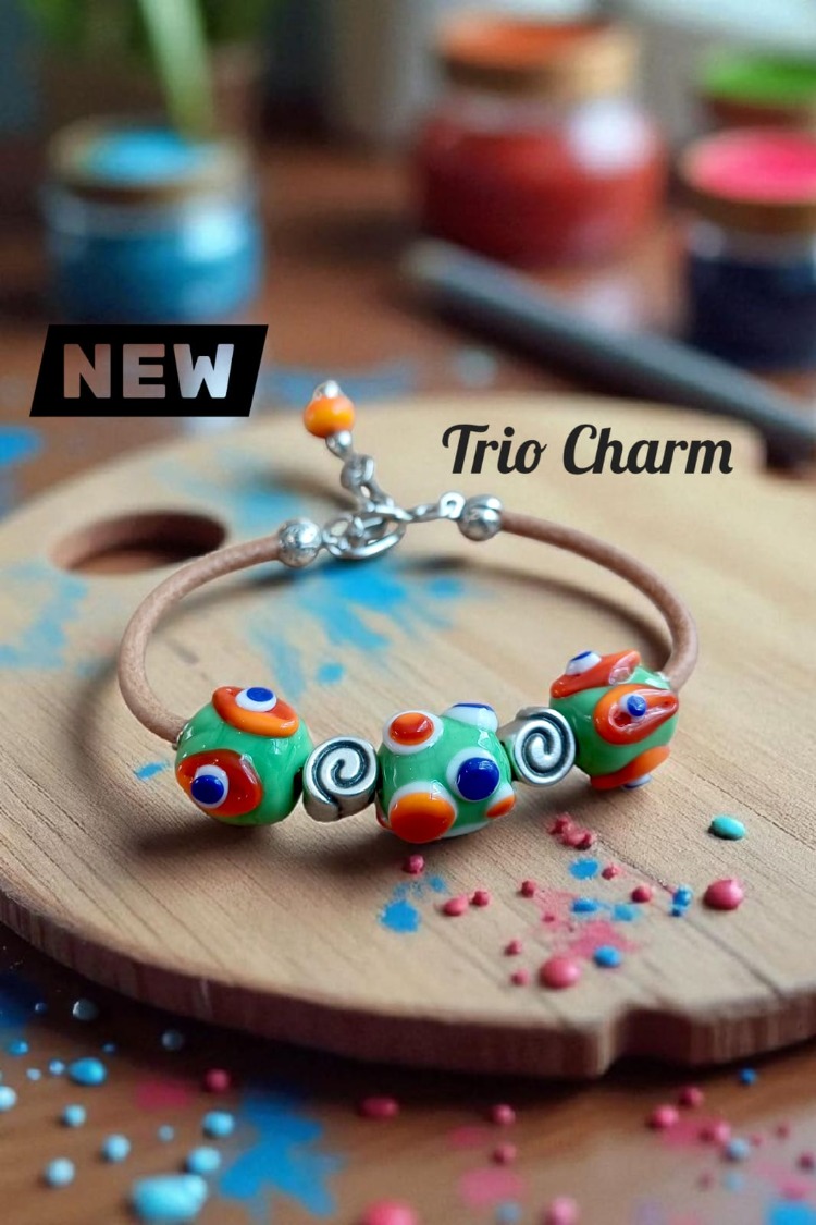 Murano Cam Trio Charm Deri Bileklik - Akik Renkli