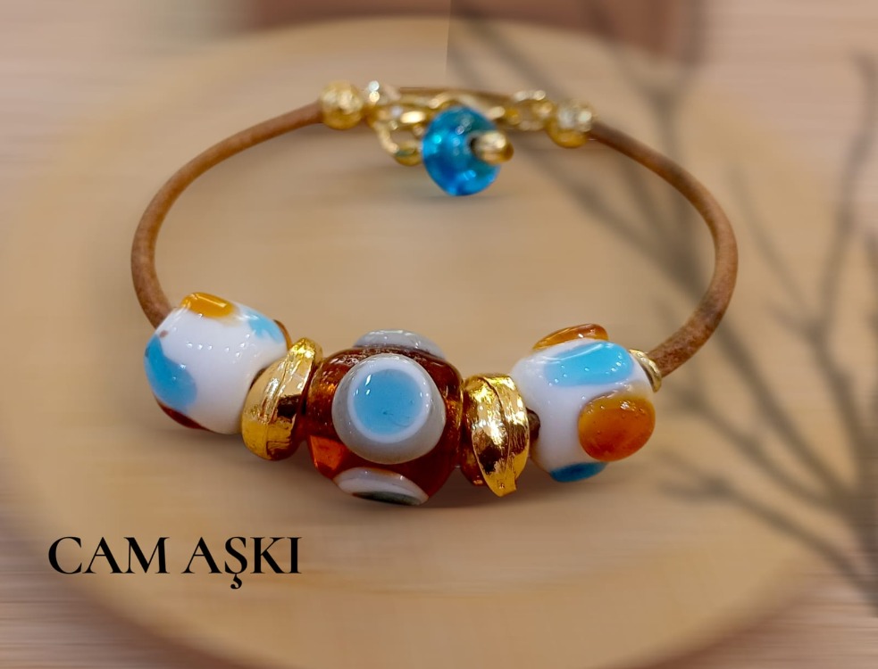 Murano Cam Trio Charm Deri Bileklik - Akik Renkli