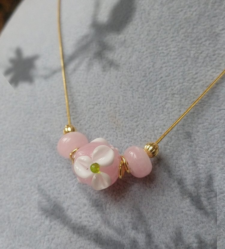 Murano Cam Pembe Çiçek Kolye / Rosalia
