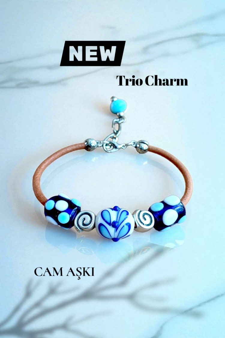 Murano Cam Trio Charm Deri Bileklik - Ebruli