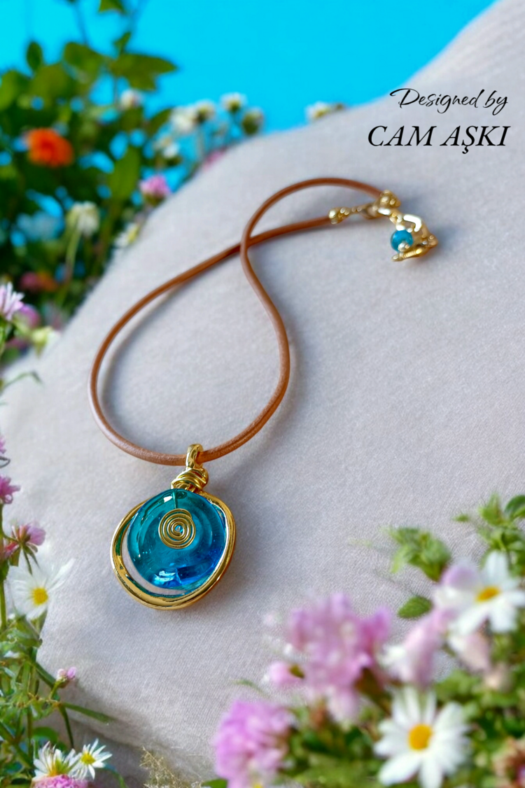 Murano Cam Okyanus Mavi  - Altın Kaplama Deri Kolye