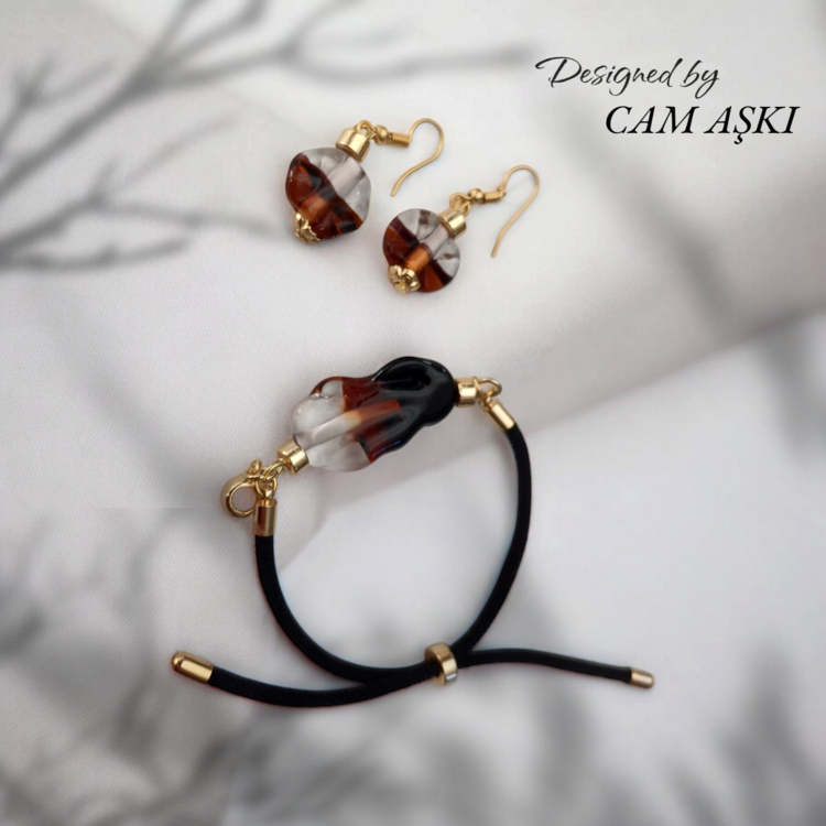 Murano Renkli Cam Tasarım Bileklik - Ayarlanabilir Bileklikli & Küpe Set