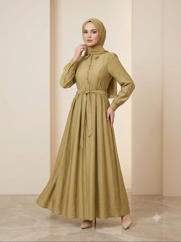 Viskon Elbise Oliv Yeşili / 63120