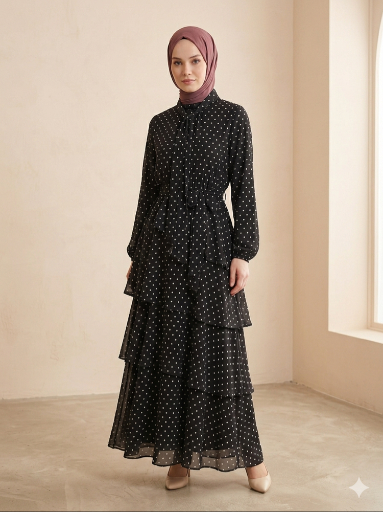 Kat Kat Şifon Elbise Siyah /3028