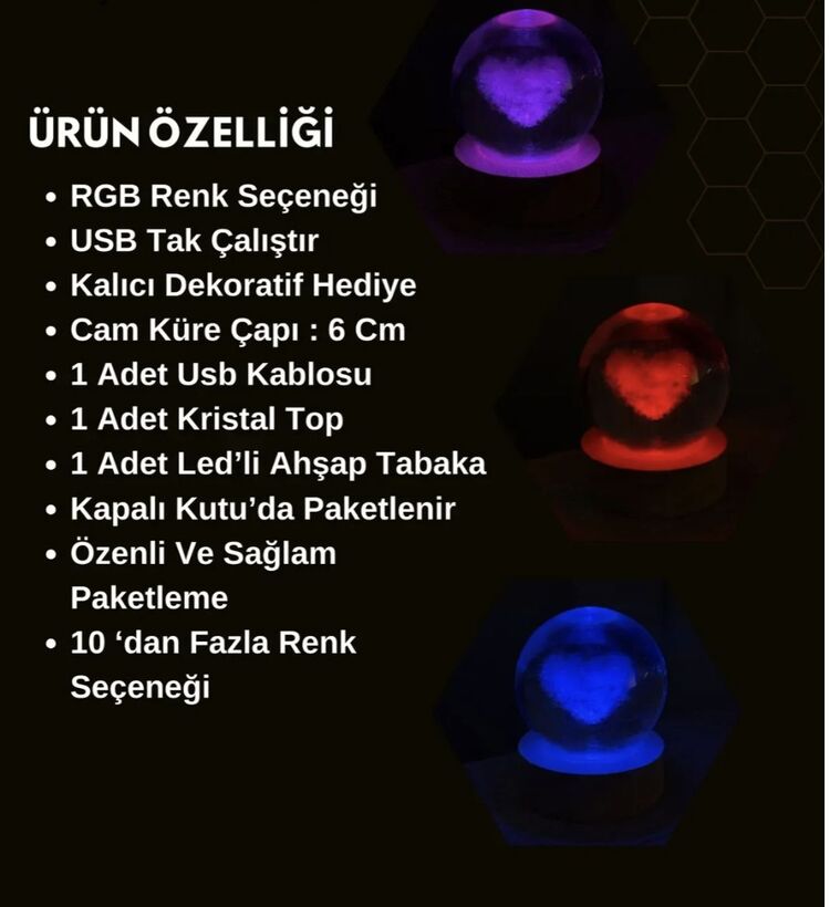 Dekoratif Kalp Tasarımlı Ahşap Altlıklı Işıklı Cam Küre Büyük Boy 8
