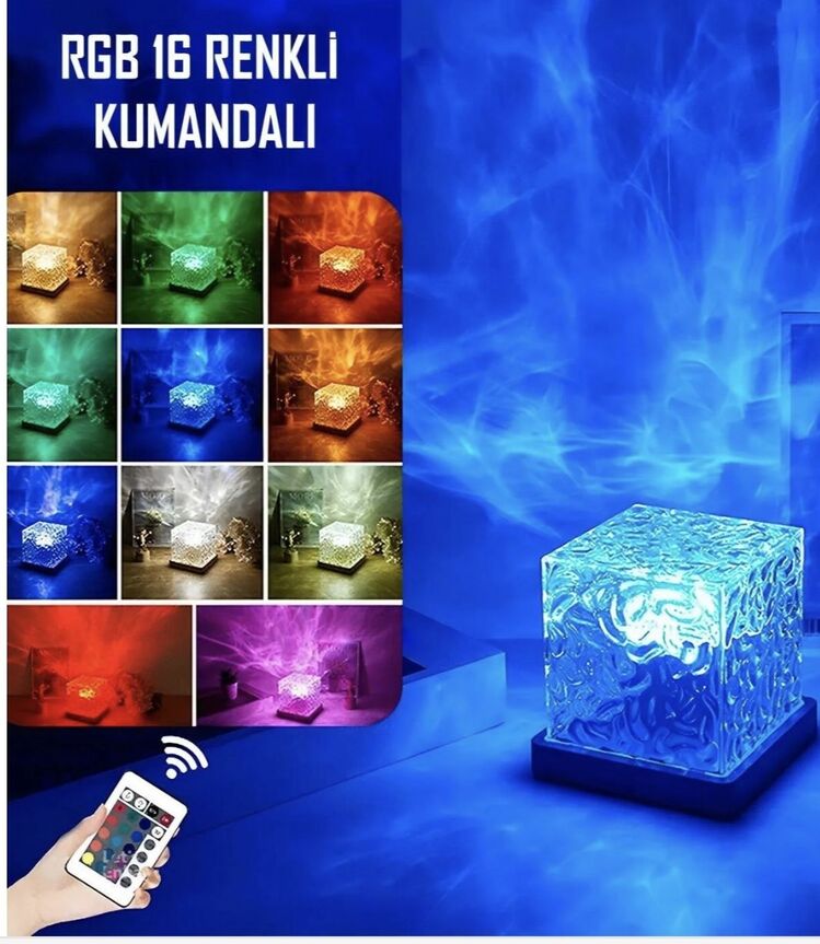 Yıldız Gökyüzü Projektörü 16 Renk Küp Kristal Lamba Uzaktan Kumandalı 