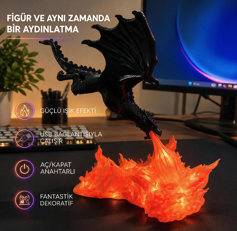 Ragnar 3D Ejder, Elektronik Aydınlatma ( XL Büyük Boy)