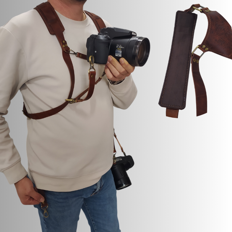 Tobacco rengi Deri Çift Taraflı Fotoğraf Makinesi Omuz Askısı - İki Kamera Taşıma Kayışı