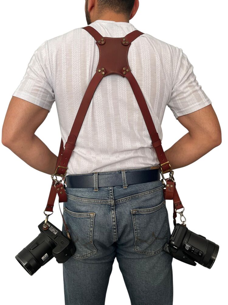 Kızıl kahve Deri Çift Taraflı Fotoğraf Makinesi Omuz Askısı - İki Kamera Taşıma Kayışı